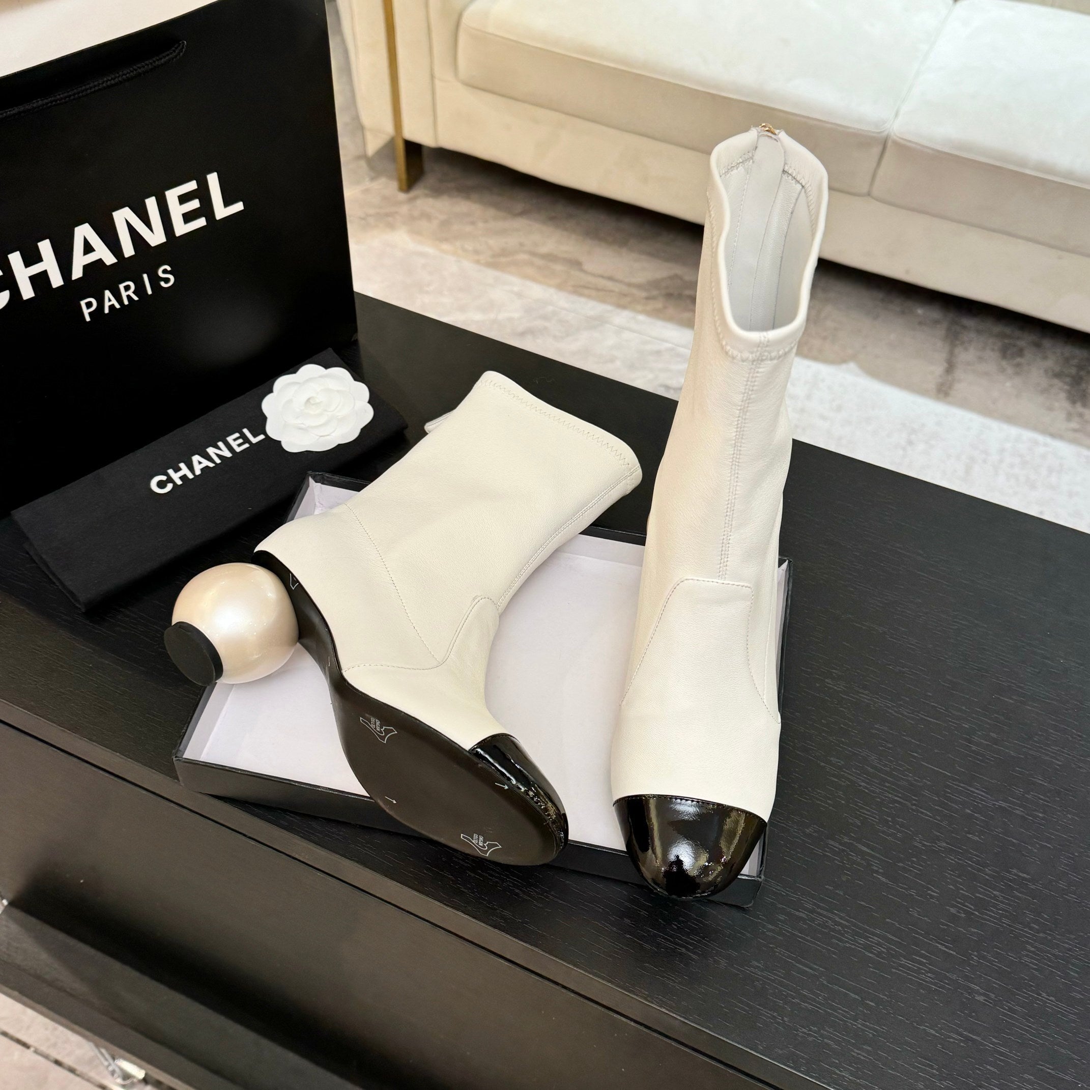 White & Black Stretch High Boots