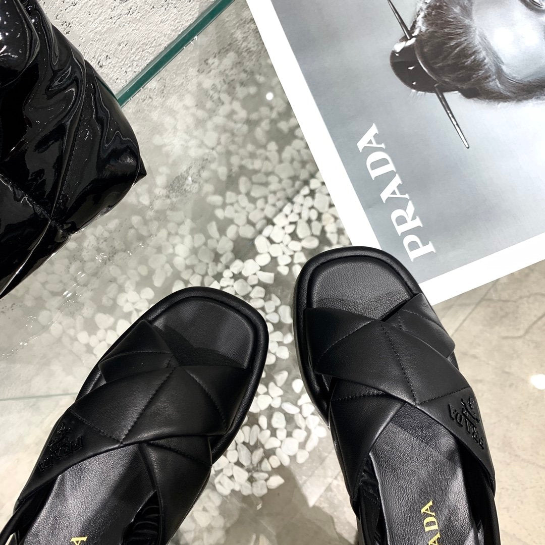 Black quilted flatform sandals