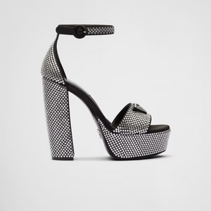 Black Satin Platform Sandals With Crystals