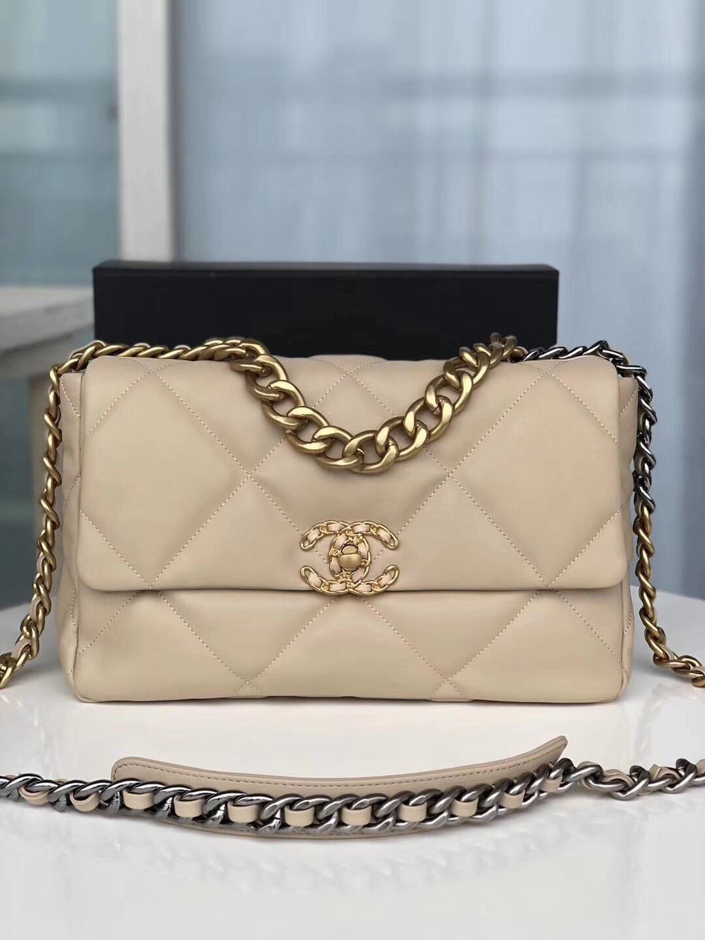 Large beige 19 flap bag