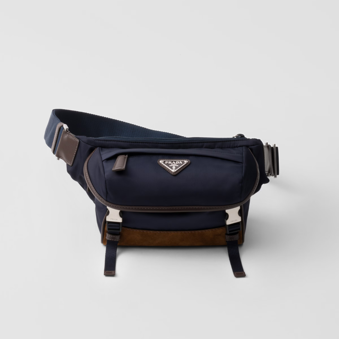 Blue/Coffee Small Re-Nylon & Leather Shoulder Bag