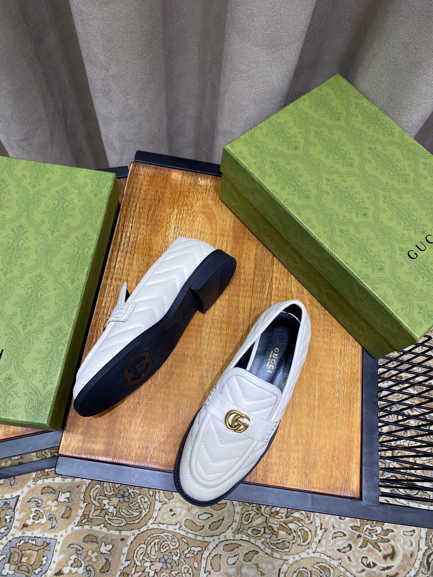 White chevron matelassé loafer