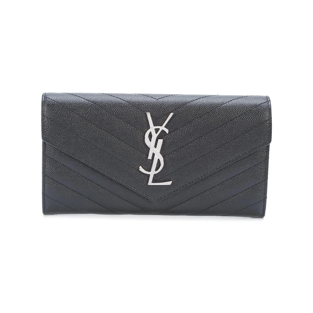 Black Large Flap Wallet With Silver-Tone Hardware