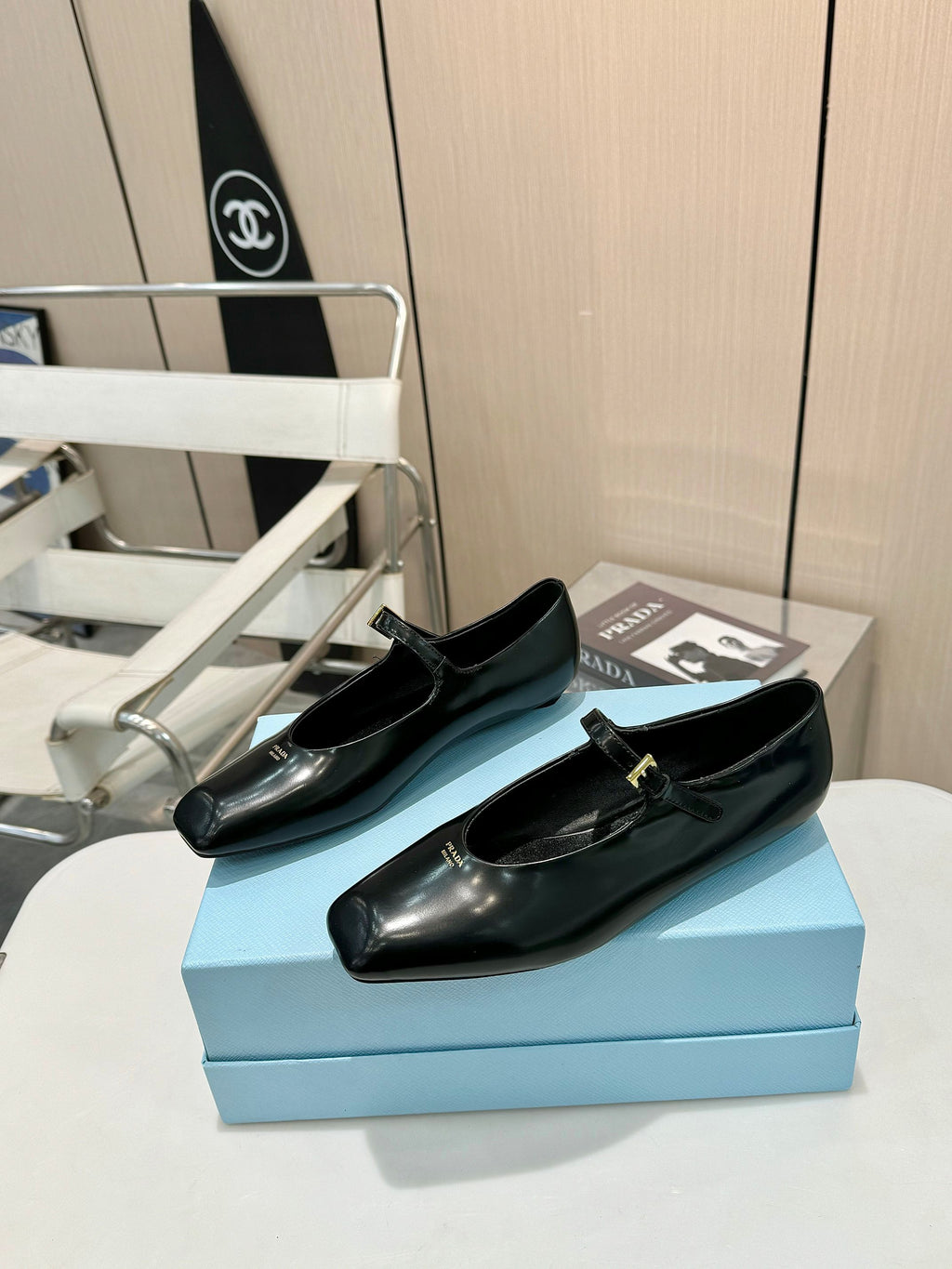 Black Brushed Leather Mary Jane Ballerinas