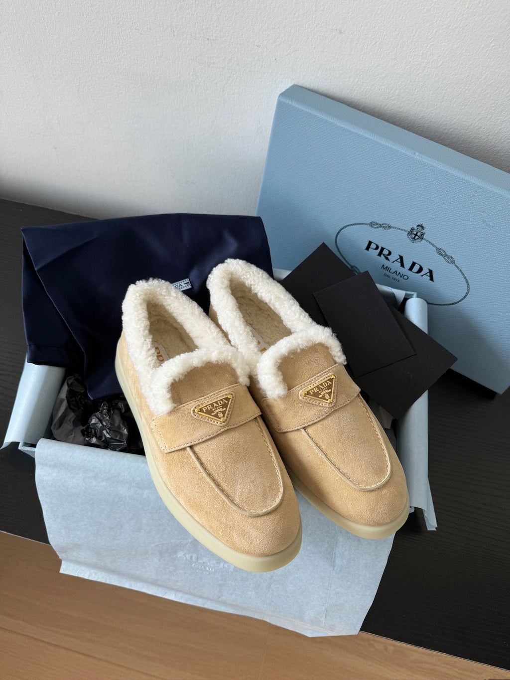 Ecru Suede & Shearling Loafers