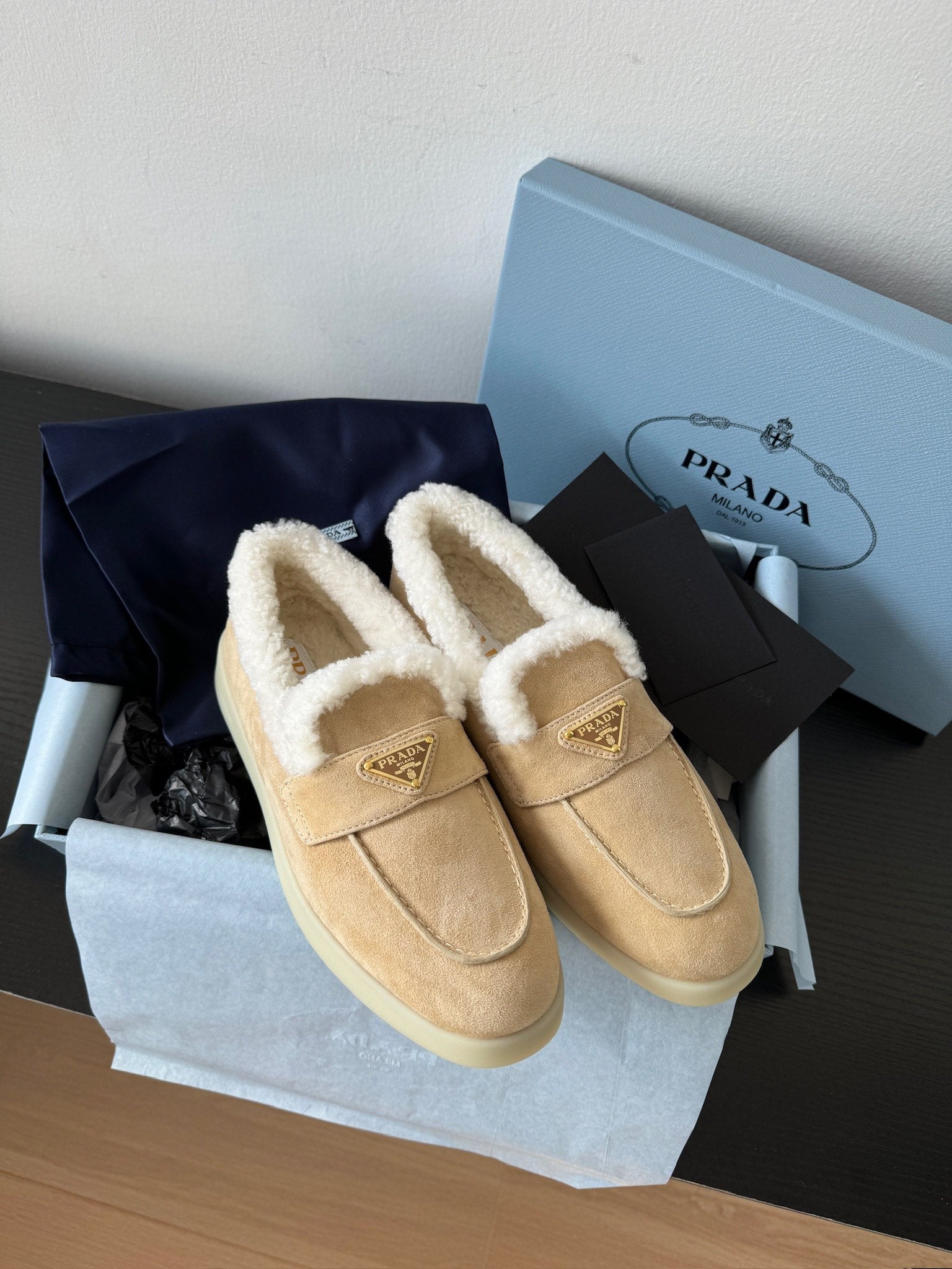 Ecru Suede & Shearling Loafers