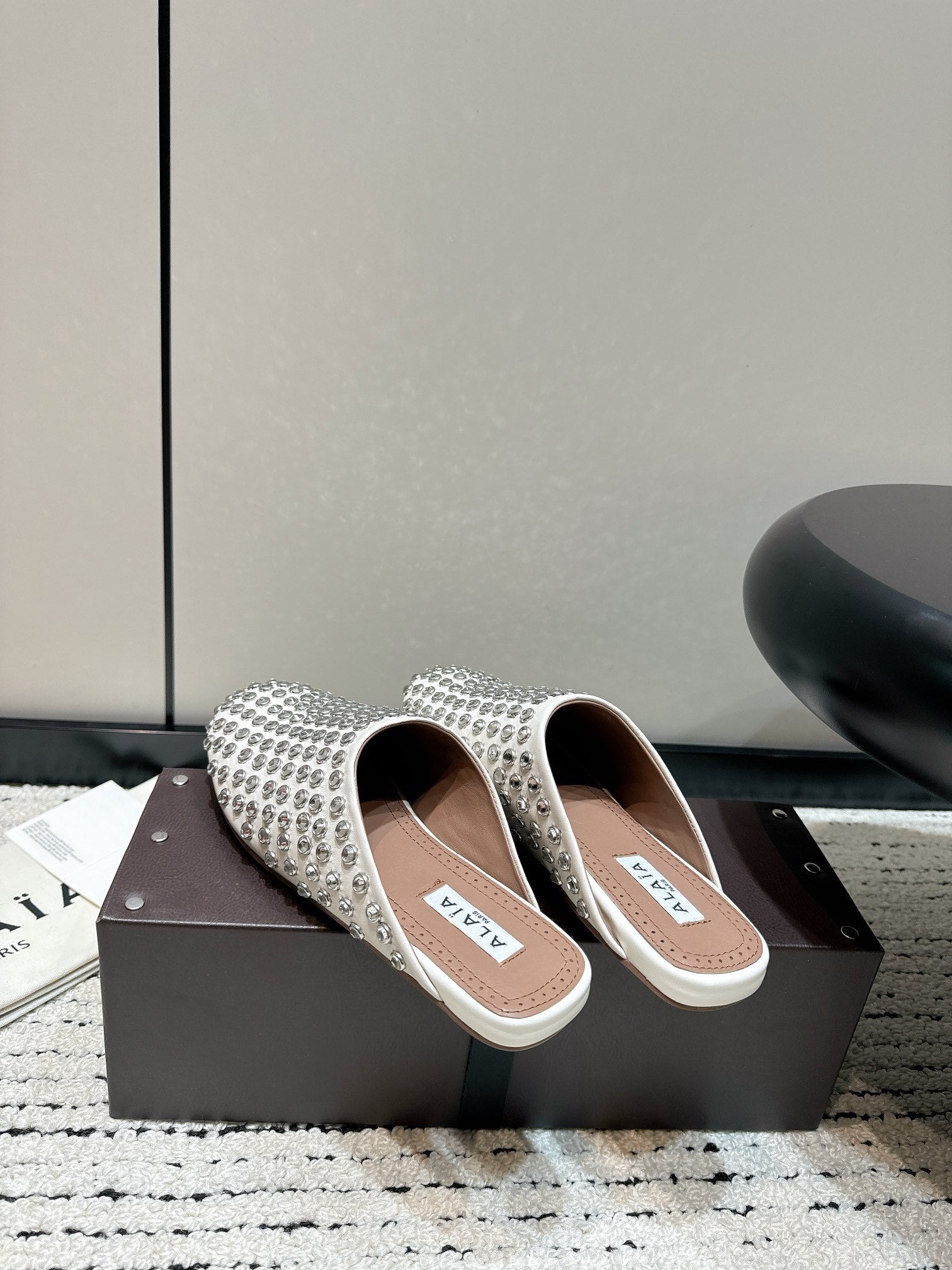 White Flat Mules In Strass Leather