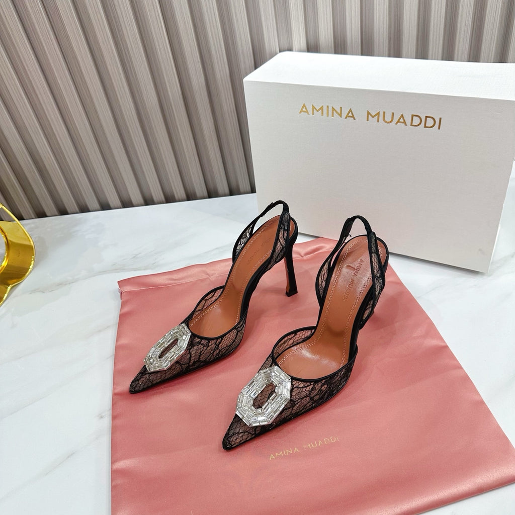 Black Camelia 90 Lace Slingback Pumps