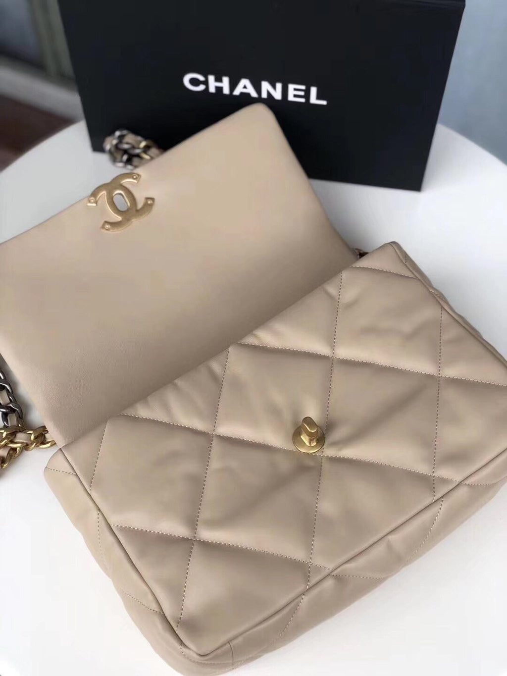 Large beige 19 flap bag