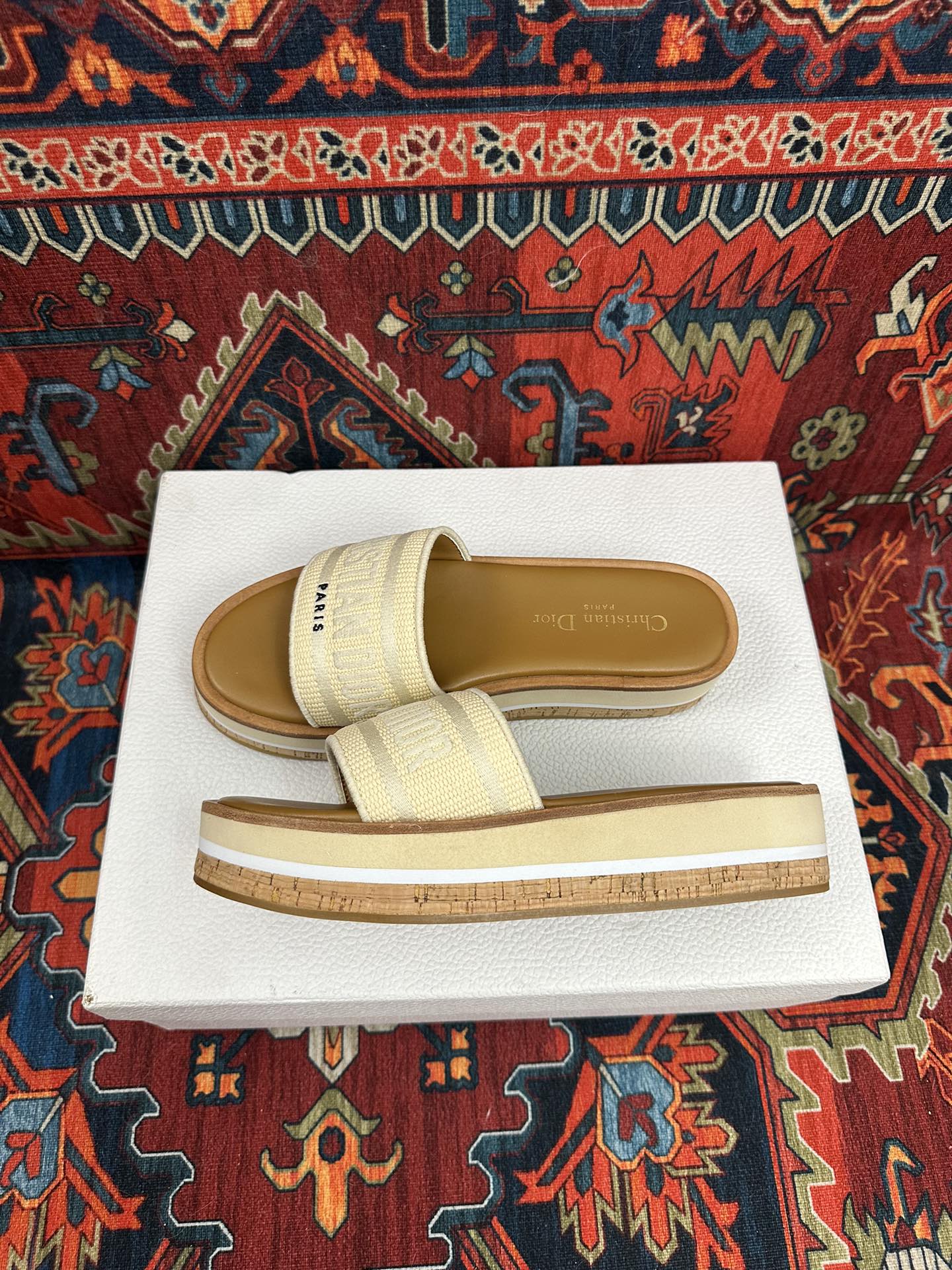 Natural Raffia & White Embroidered DD Platform Slide