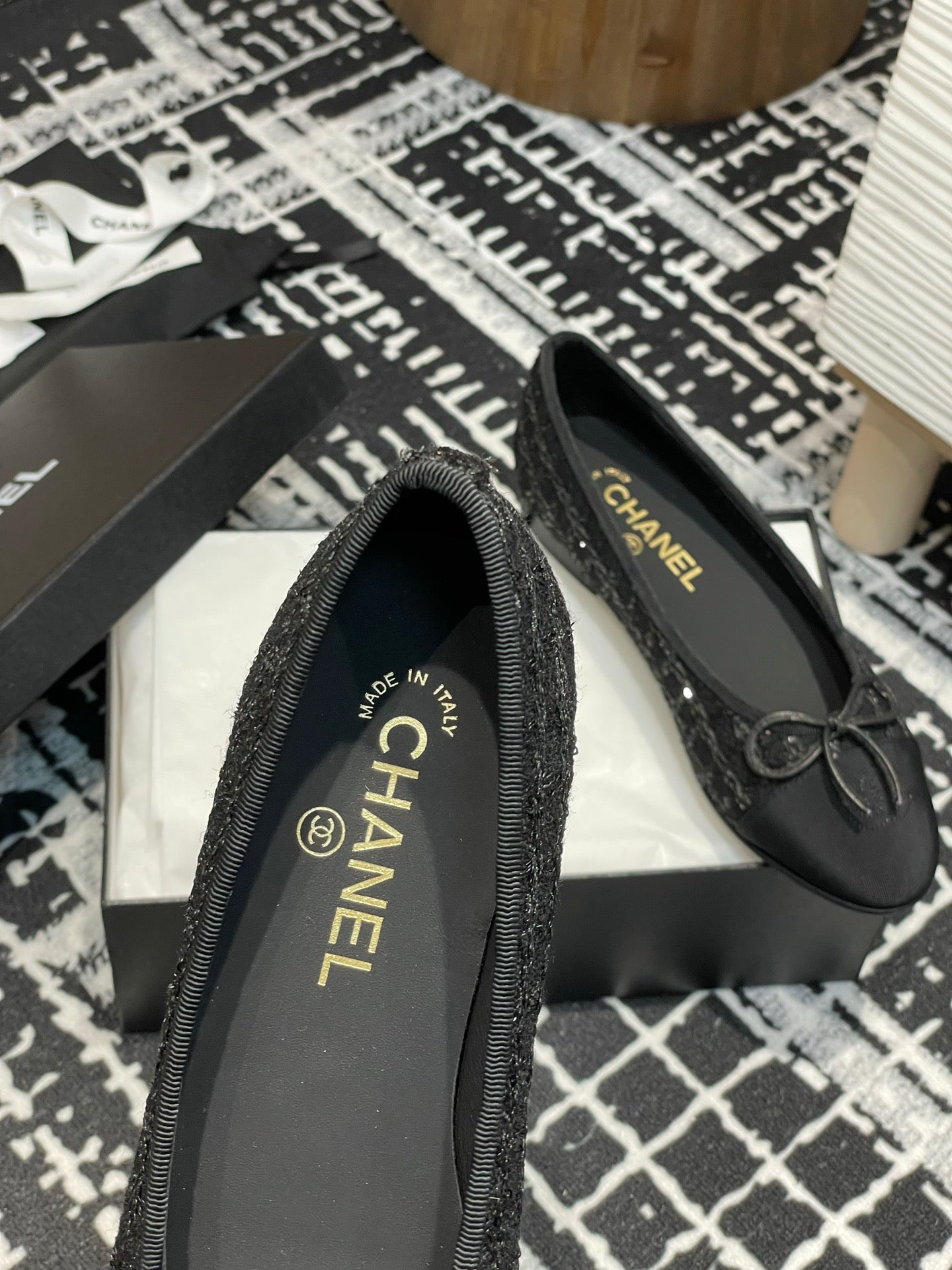 Black Glittered Tweed Ballet Flats