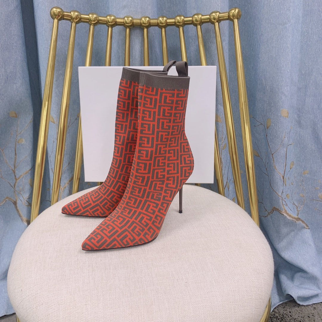 Orange BB stretch knit Skye ankle boots
