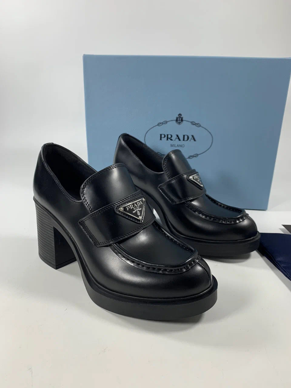 Black PC high-heeled brushed leather loafers