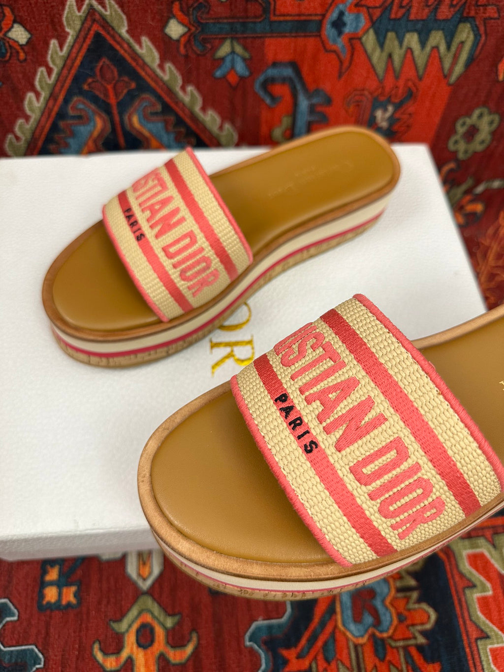 Natural Raffia & Pink Embroidered DD Platform Slide