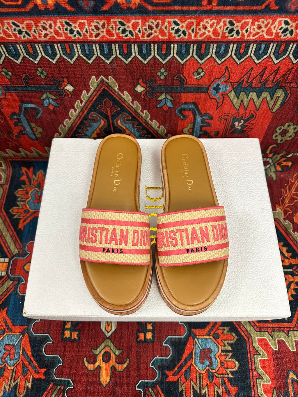 Natural Raffia & Pink Embroidered DD Platform Slide