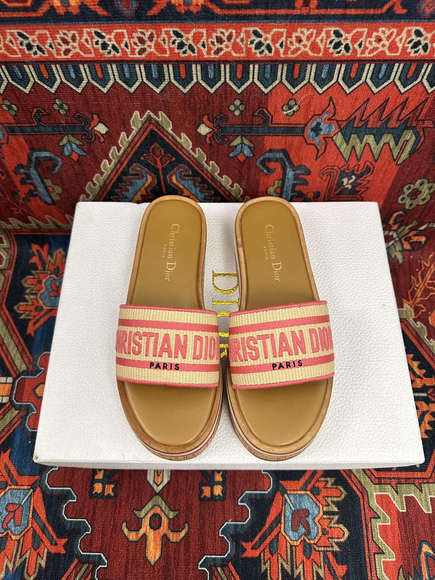 Natural Raffia & Pink Embroidered DD Platform Slide