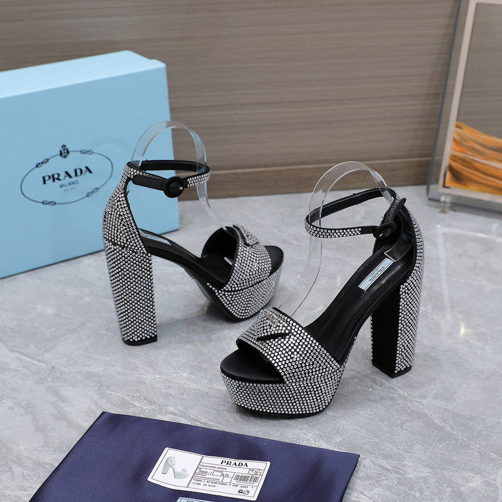Black Satin Platform Sandals With Crystals