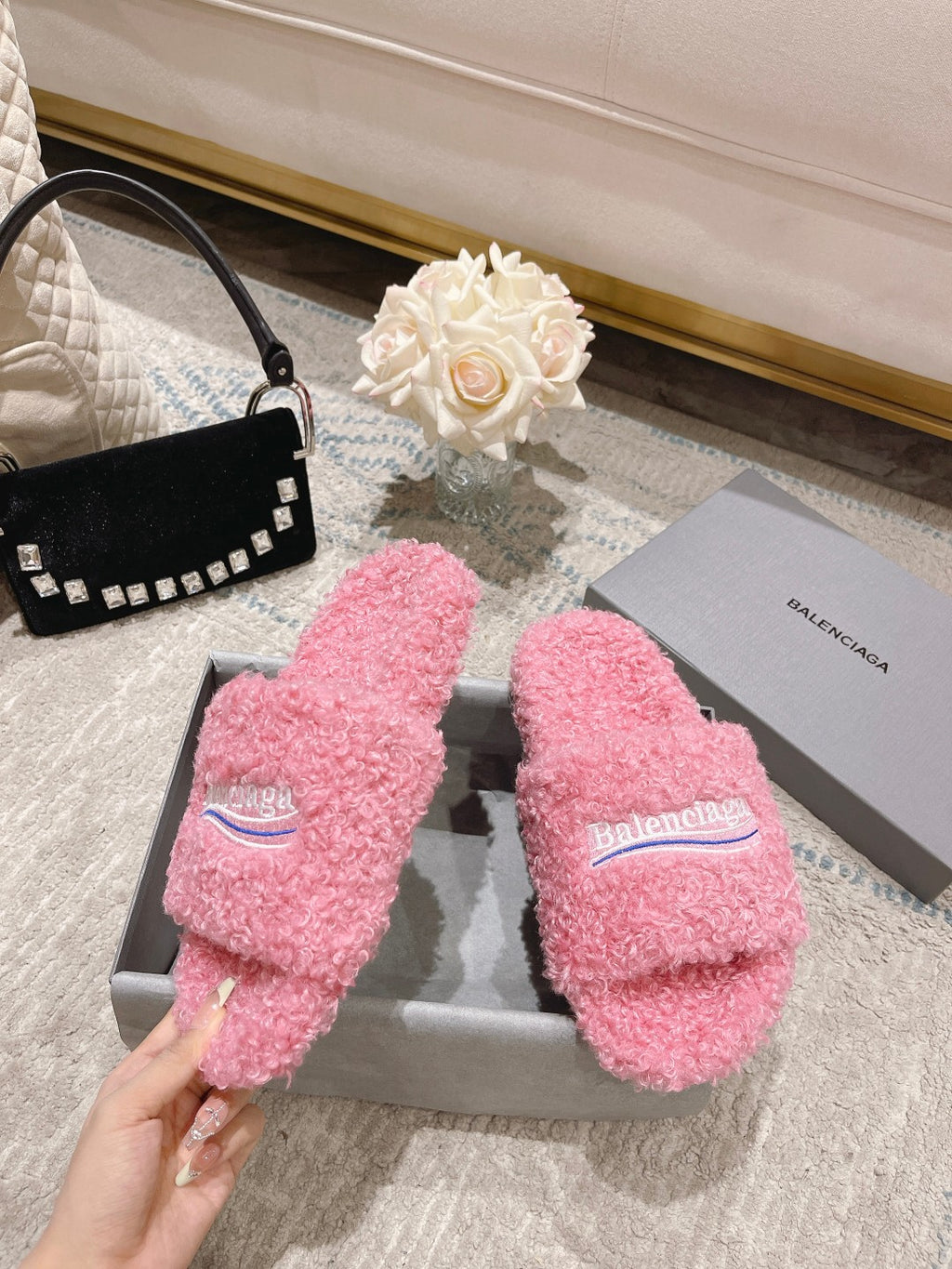 Pink Furry Slides Slip-On Sandals