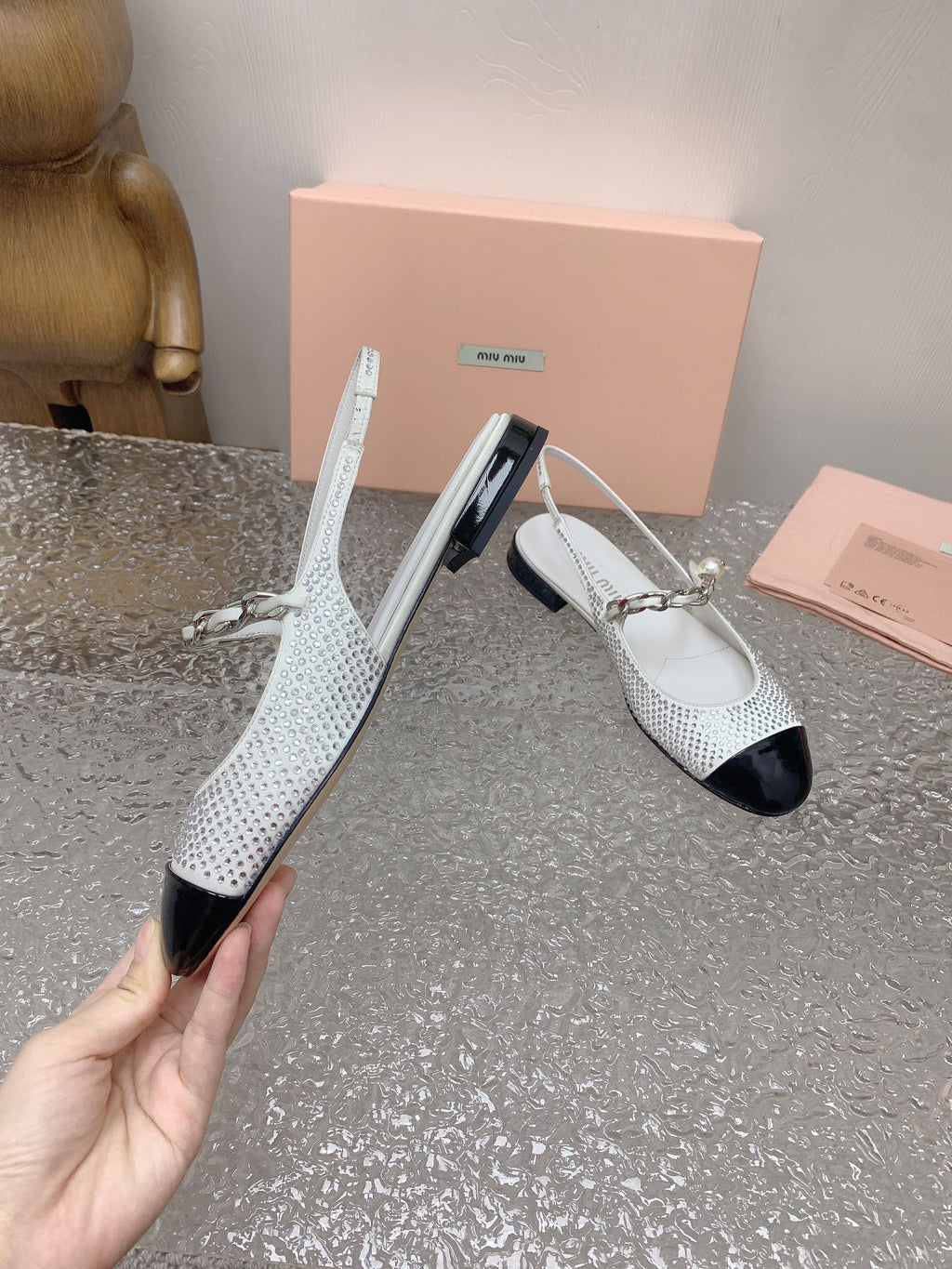 Ivory/Black Satin Slingback Ballerinas With Crystals