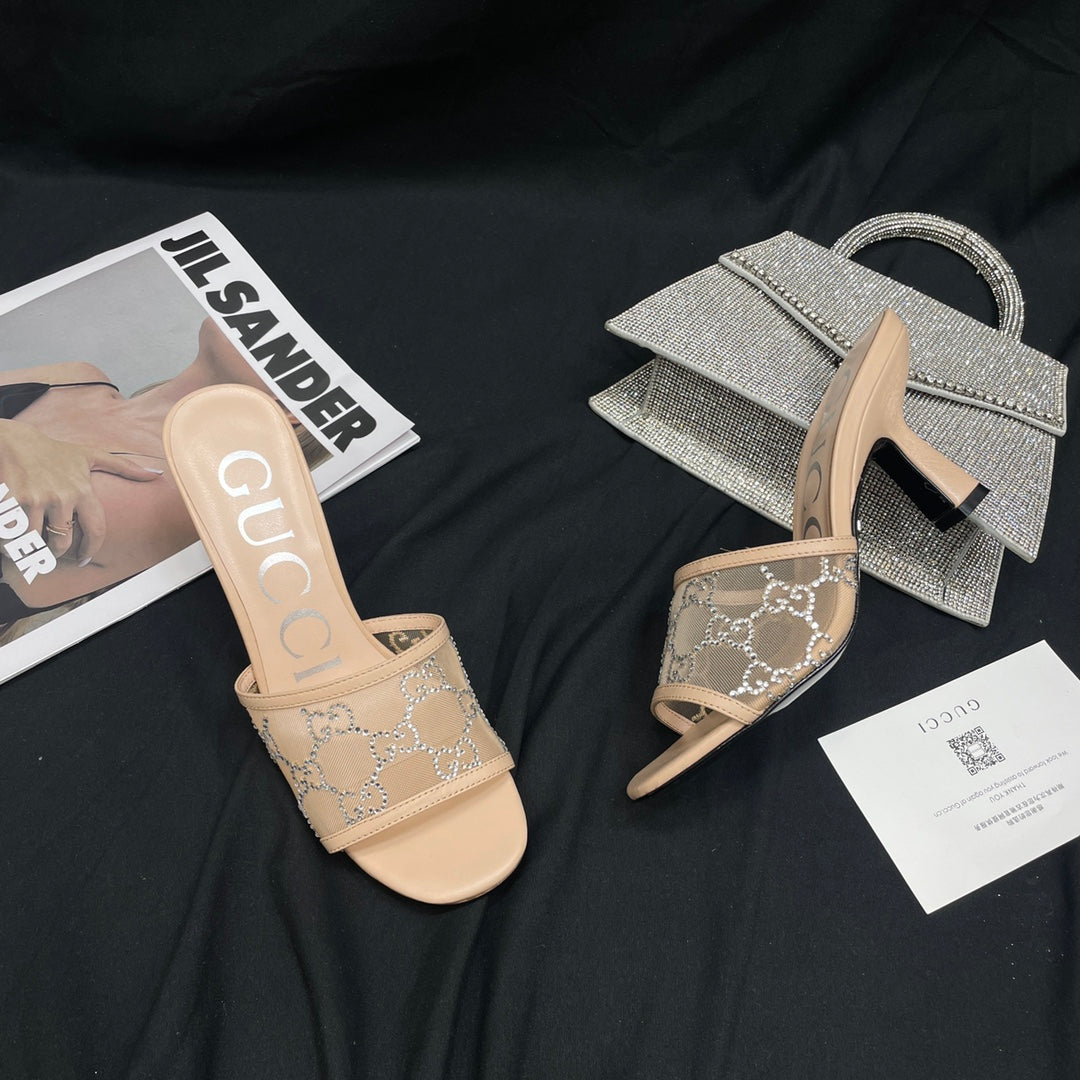 Rose Beige GG Mid-Heel Slide Sandal