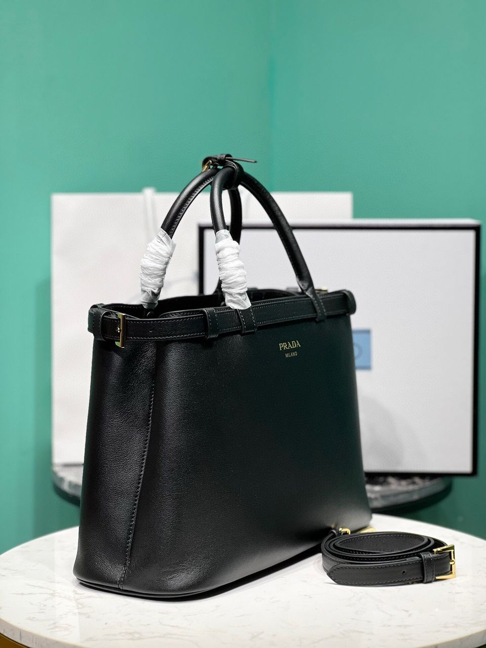 Black Buckle Medium Leather Handbag With Double Belt