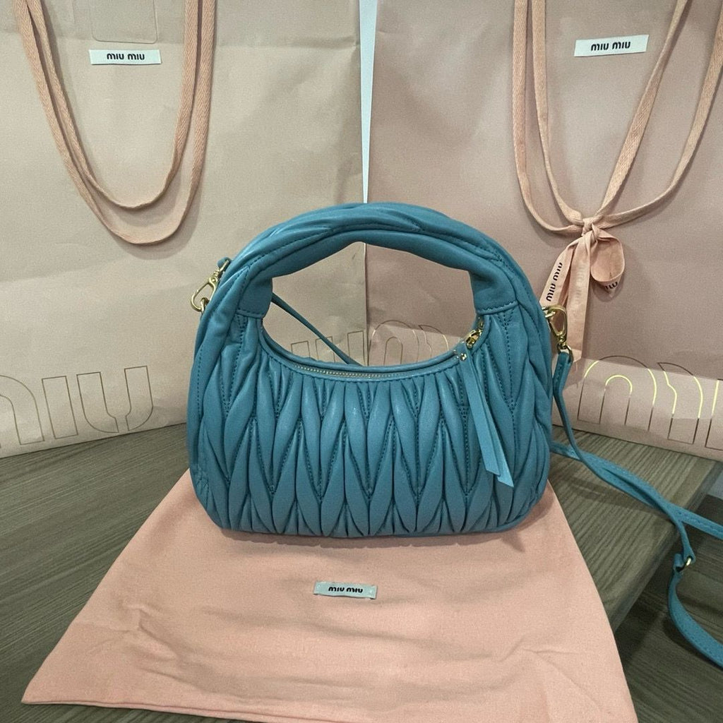 Lagoon Blue Wander Matelassé Leather Small Hobo Bag