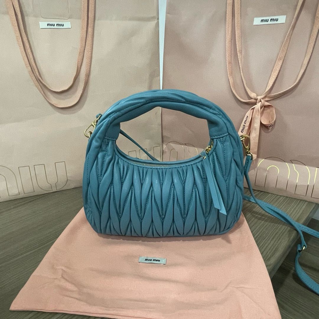 Lagoon Blue Wander Matelassé Leather Small Hobo Bag