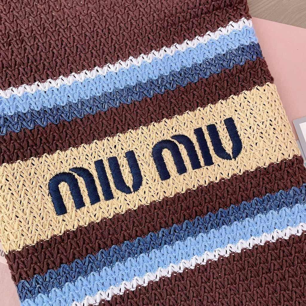 Cocoa Brown/Celeste/Natural Raffia-Effect Woven Tote Bag