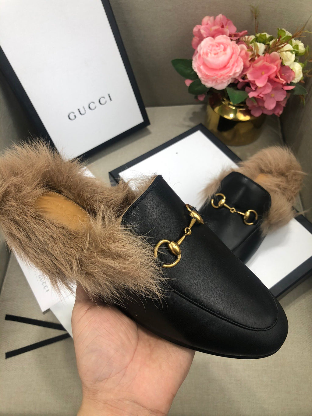 Black GP fur slippers