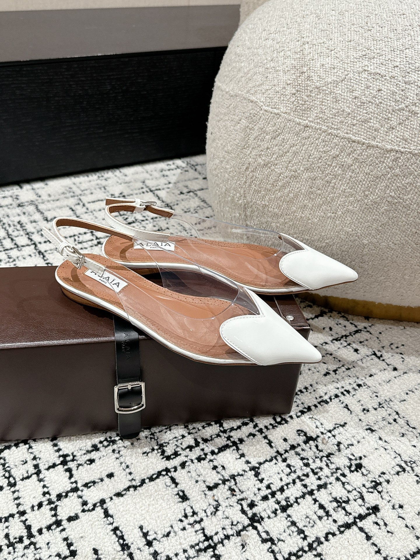 White LC Flat Slingbacks In Patent Leather