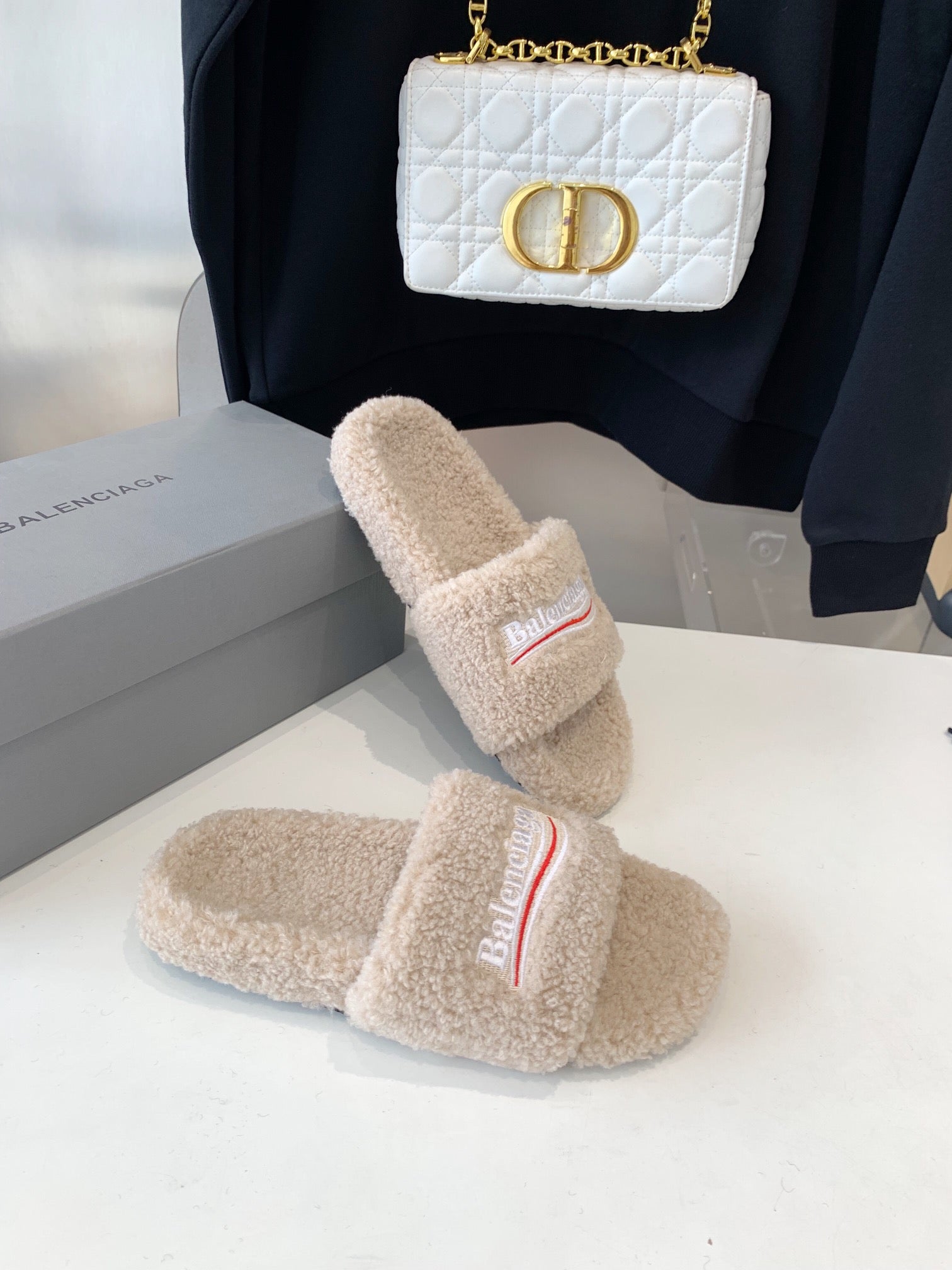 Beige Furry Slides Slip-On Sandals