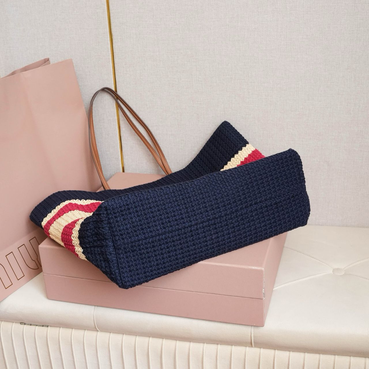 Blue Raffia-Effect Woven Tote Bag