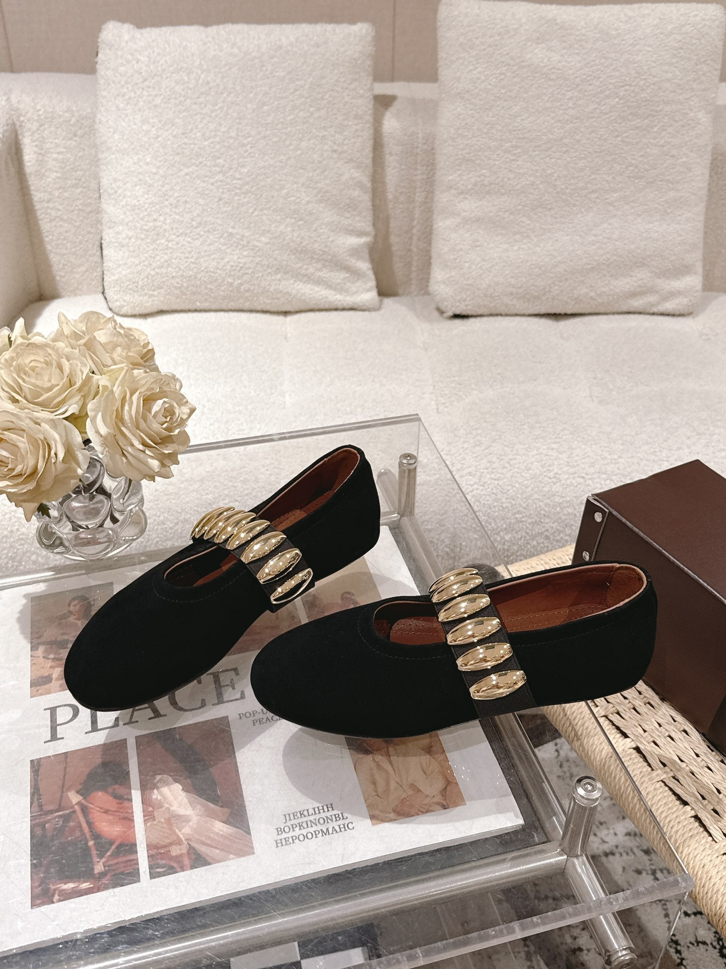 Black Jewel Ballet Flats In Suede