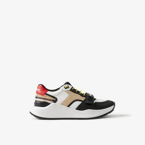 Men's Beige Nylon, Suede and Check Sneakers
