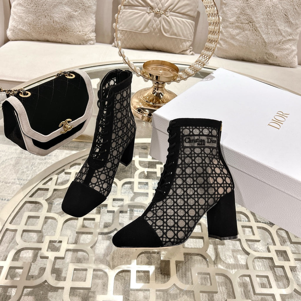 Black Cannage Motif & Suede ND Heeled Ankle Boot