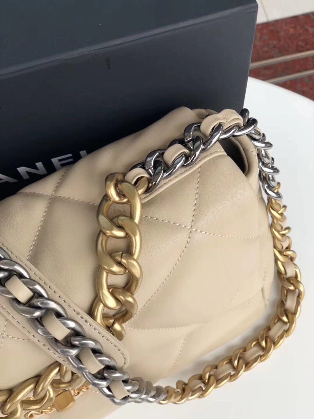 Large beige 19 flap bag