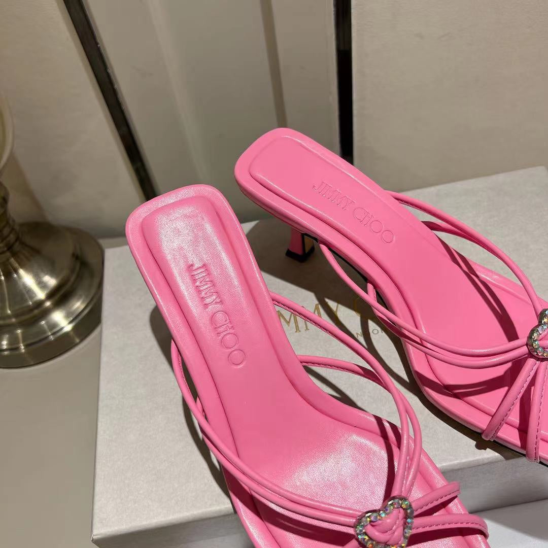 Candy Pink Leather Mules with Crystal Hearts