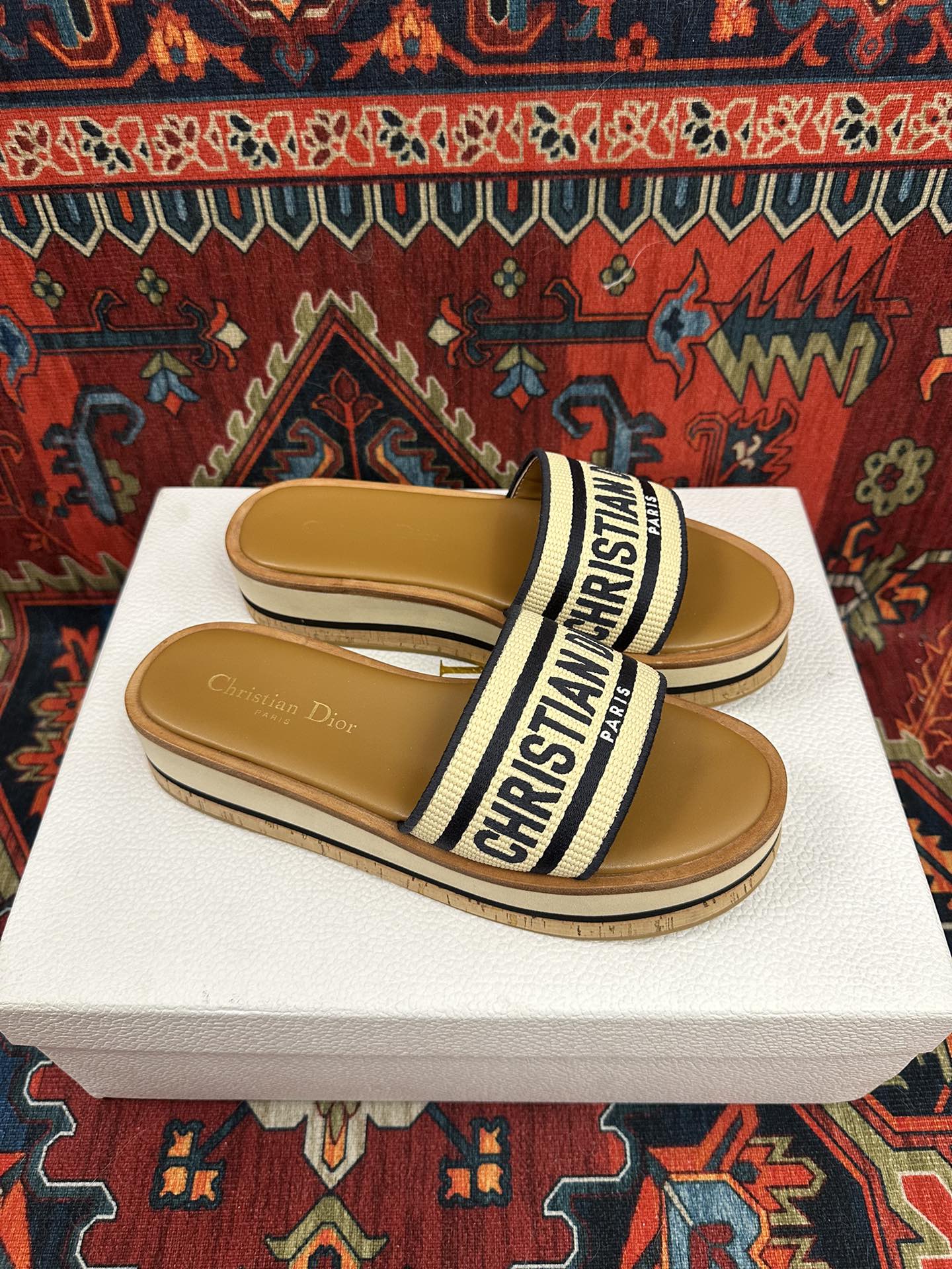 Natural Raffia & Black Embroidered DD Platform Slide