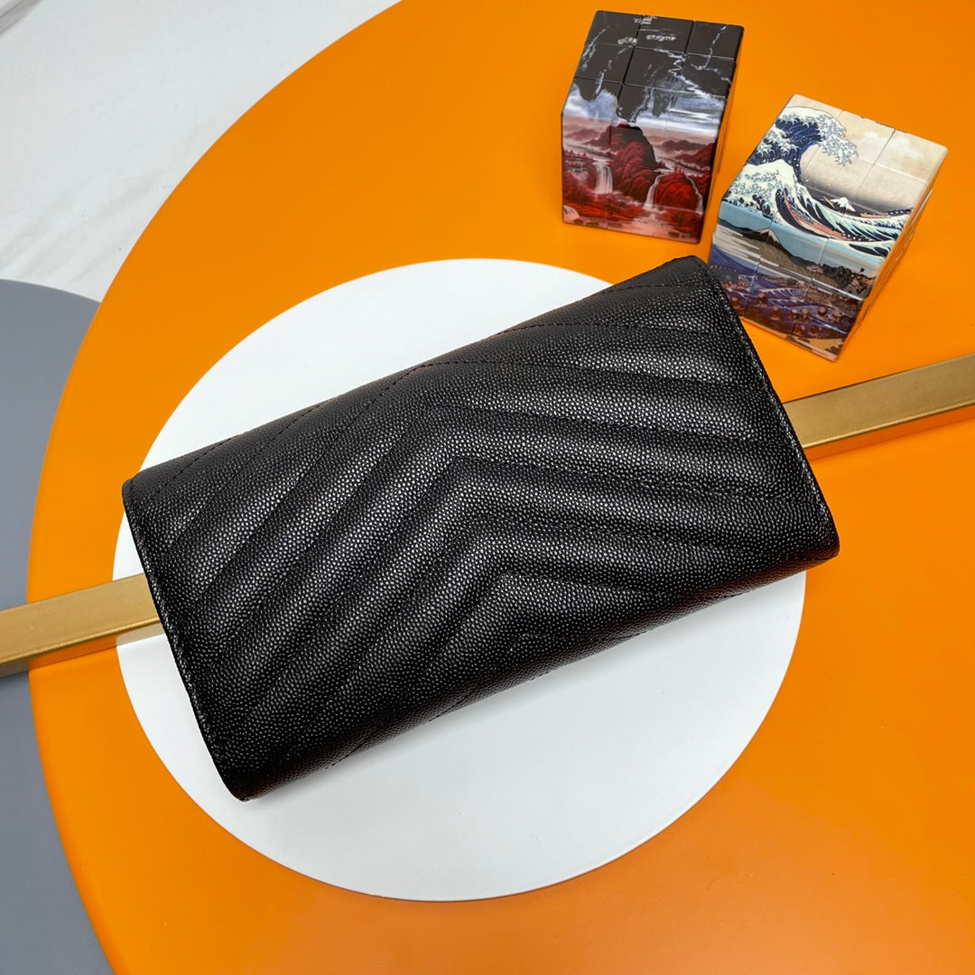 Black Large Flap Wallet With Silver-Tone Hardware