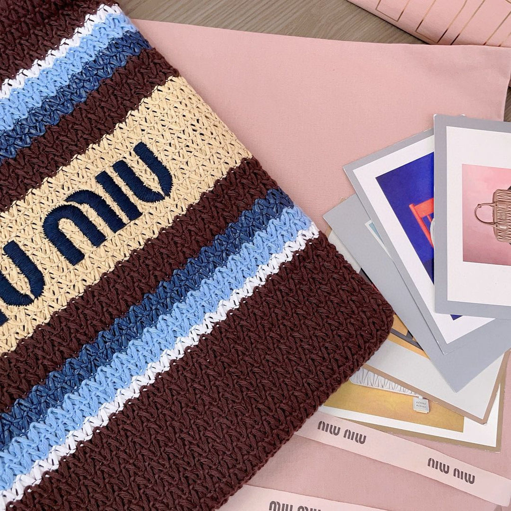 Cocoa Brown/Celeste/Natural Raffia-Effect Woven Tote Bag