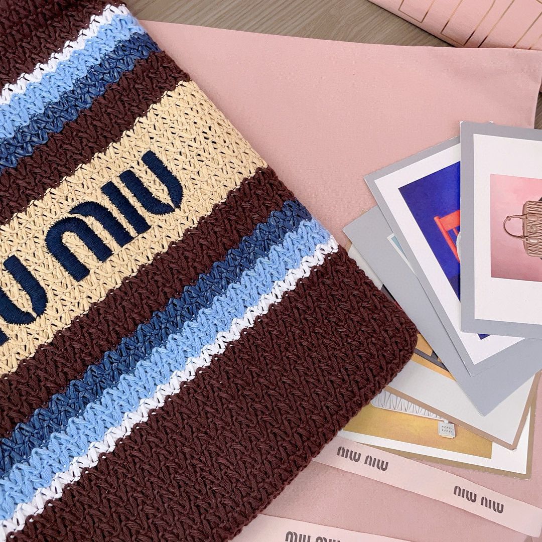 Cocoa Brown/Celeste/Natural Raffia-Effect Woven Tote Bag