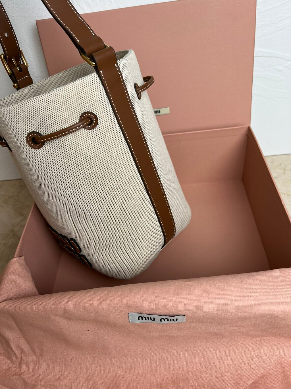 Beige/Brandy Canvas & Leather Bucket Bag