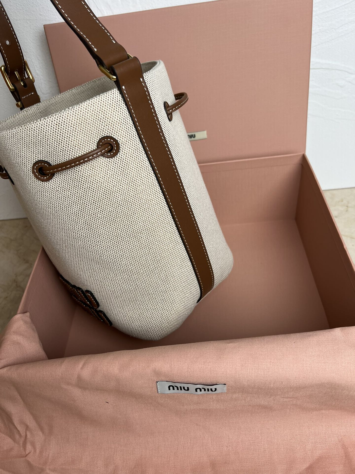 Beige/Brandy Canvas & Leather Bucket Bag