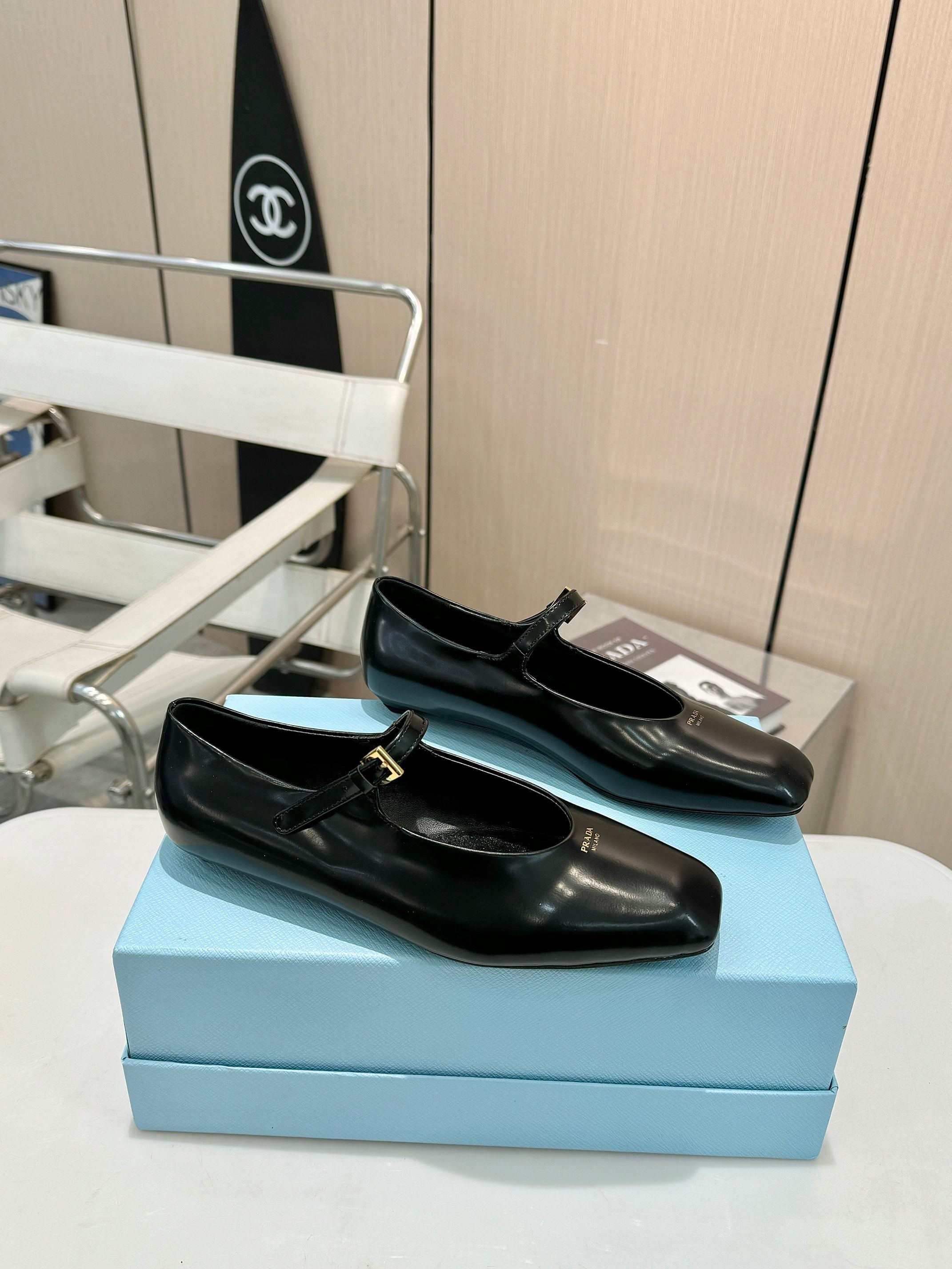 Black Brushed Leather Mary Jane Ballerinas