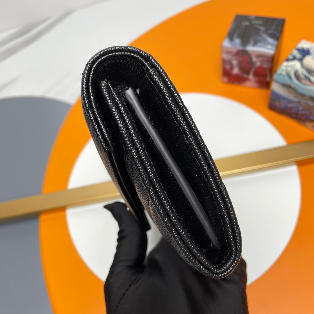 Black Large Flap Wallet With Silver-Tone Hardware