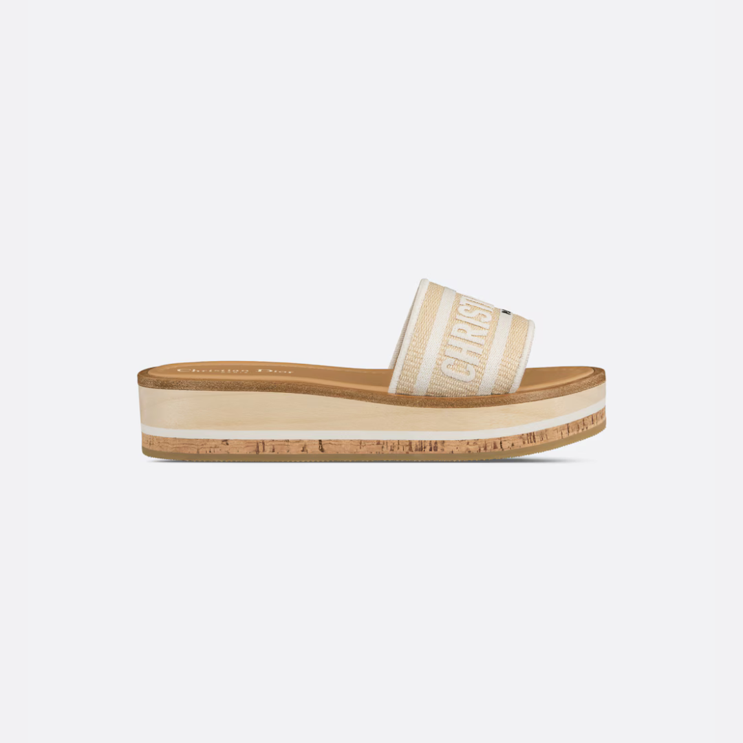 Natural Raffia & White Embroidered DD Platform Slide