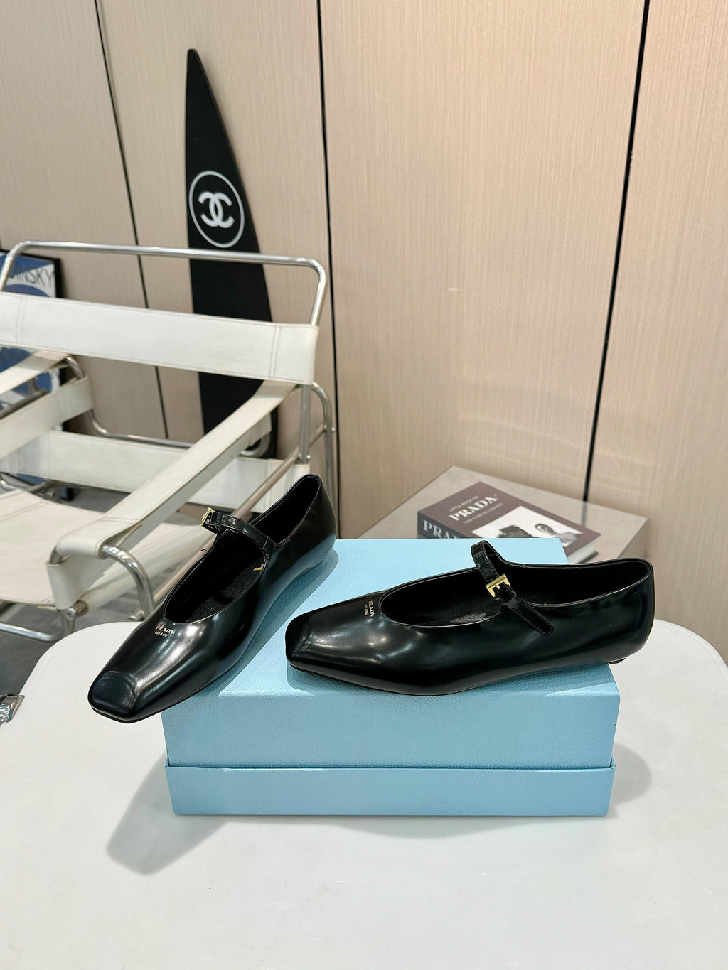 Black Brushed Leather Mary Jane Ballerinas