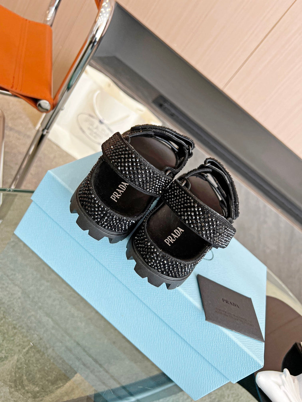 Black P satin sandals with crystals