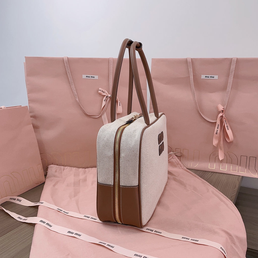 Beige/Brandy Canvas Top-Handle Bag