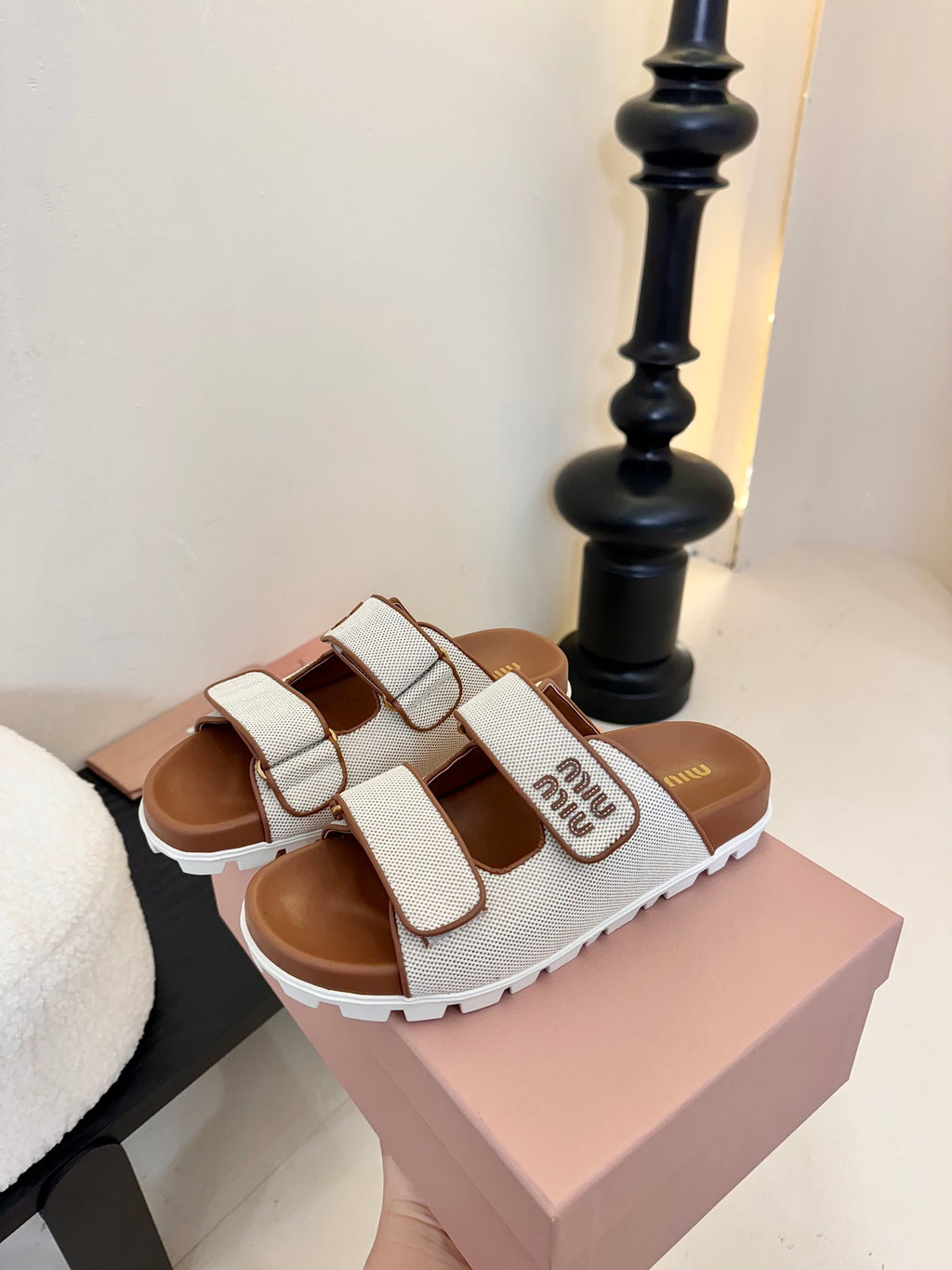 Beige/Brandy Canvas Slides
